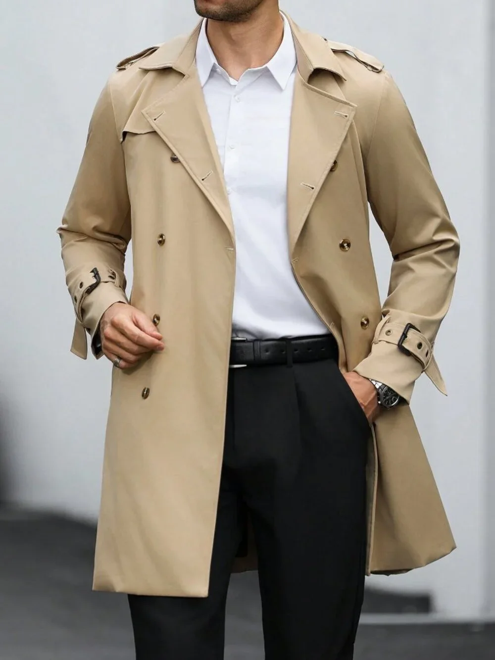 Khaki Business Commuting Men's Casual Loose Fit Trench Coat
